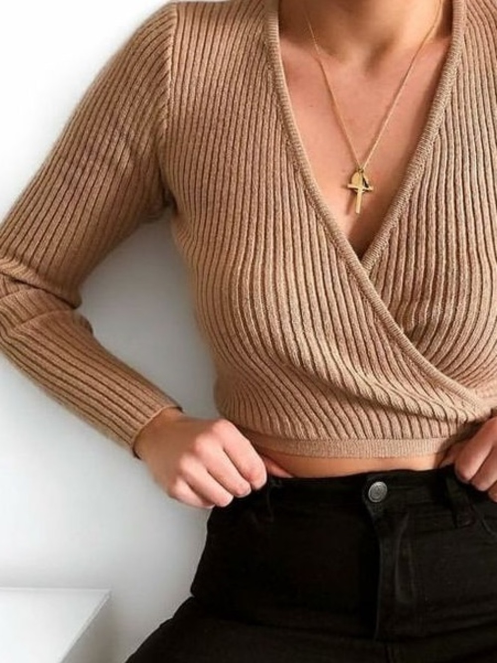 Urban Outfitters Ribbed Wrap V-Neck Sweater - Tan